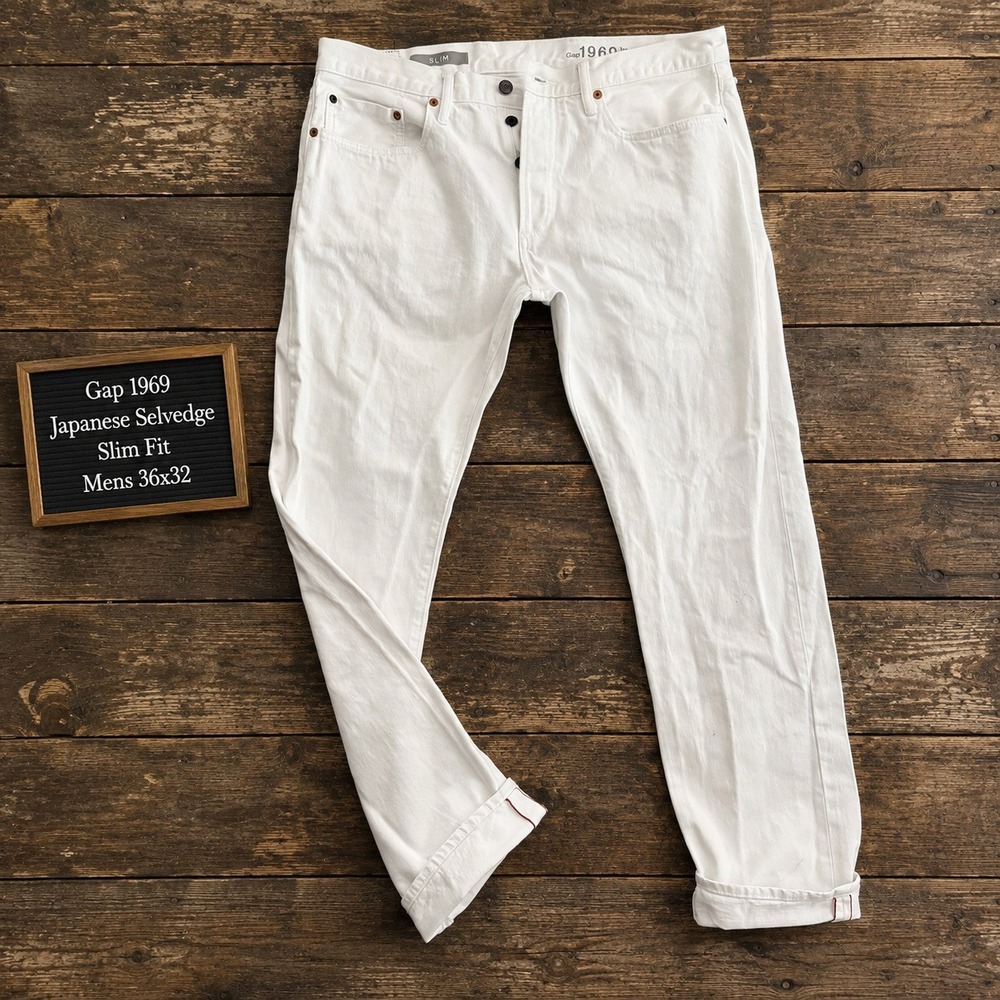 Gap 1969 Japanese Selvedge Slim Fit Jeans Mens 36x32 White Denim Button Fly